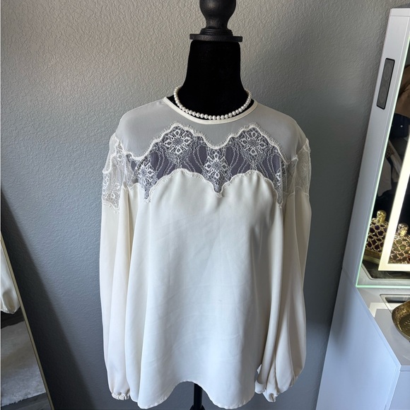 Express Tops - Express Cream Blouse with Lace Accents